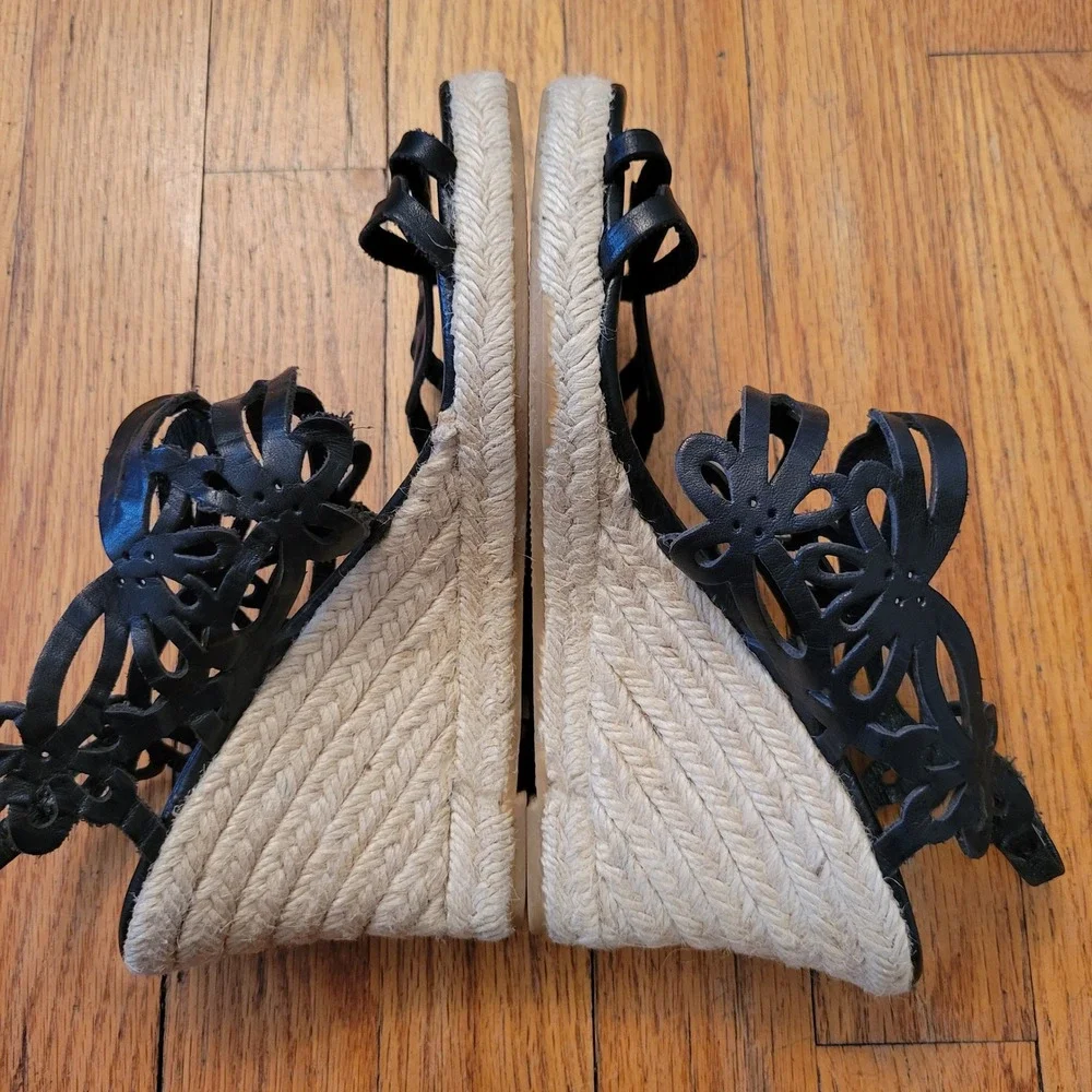 Eric Michael 7‎ Black Leather Floral Cutout Espadrille Wedge Sandals JILLIAN 37